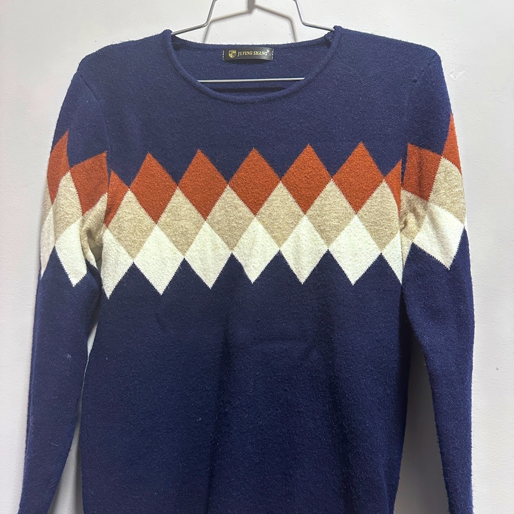 JU FENG SHANG Navy Blue Argyle Knit Sweater Size XS 4623-2